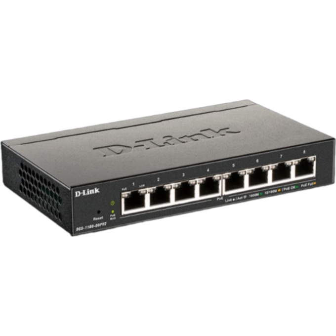 Настраиваемый L2 коммутатор D-LINK с 8 портами 10/100/1000Base-T (8 портов PoE 802.3af/at, PoE-бюджет 64 Вт) DGS-1100-08PV2/A3A