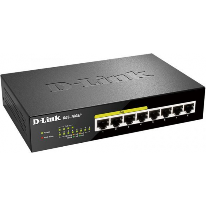 Неуправляемый коммутатор D-LINK с 8 портами 10/100/1000Base-T (4 порта PoE 802.3af/at, PoE-бюджет 60 Вт) DGS-1008P/F3A